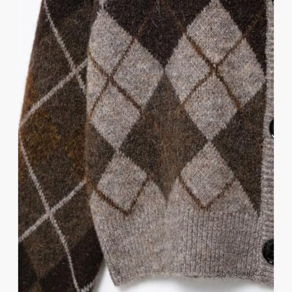 Argyle Cardigan Sweater Long Sleeve Button Down Preppy Knit Cropped - Picture 4 of 7